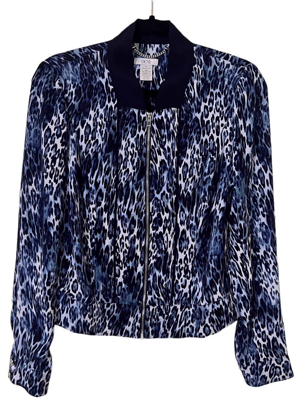 Cache Vintage Y2K Size 0 Blue Animal Print Full Zip Long Sleeve Blouse Top